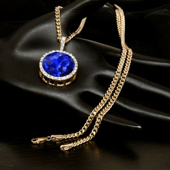 14k Gold Blue Ruby 30" Cuban Chain + Pendant
